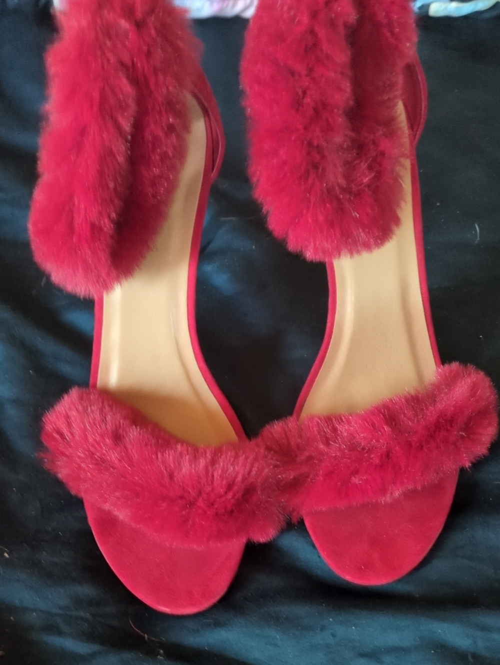 Anne Michelle Red Faux-Fur Strap Open-Toe Heels